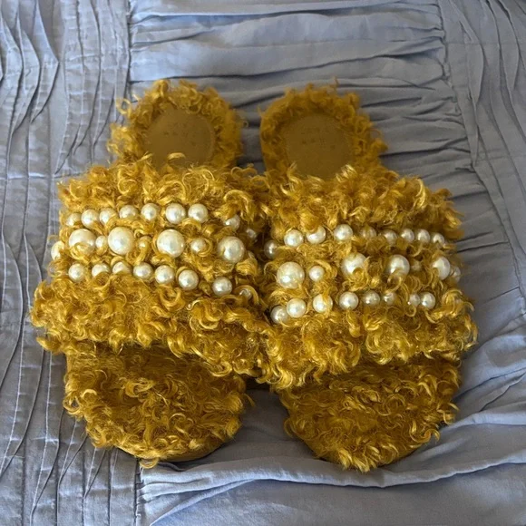 A New Day Mustard Furry Pearl Slides - Picture 1 of 3
